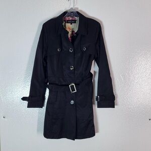 Black Rivet Women's Trench Coat Jacket Floral Lined Belt Black Size Large